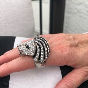 Crystal Lion Head Statement Ring - Silver & Black
